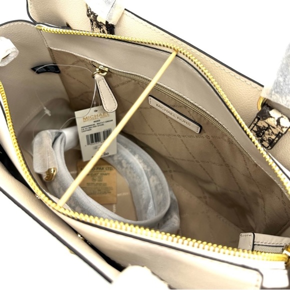 Michael Kors Large Reed Leather Belted Satchel Crossbody Bag Cream Snakeskin - Picture 9 of 11